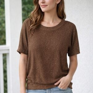 a.n.a Brown Short Sleeve Metallic Shimmer Knit Top Small